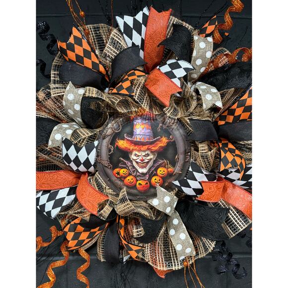 Halloween Wreath For Front Door Scary Clown  Orange and Black Handmade 28 in - Picture 4 of 8
